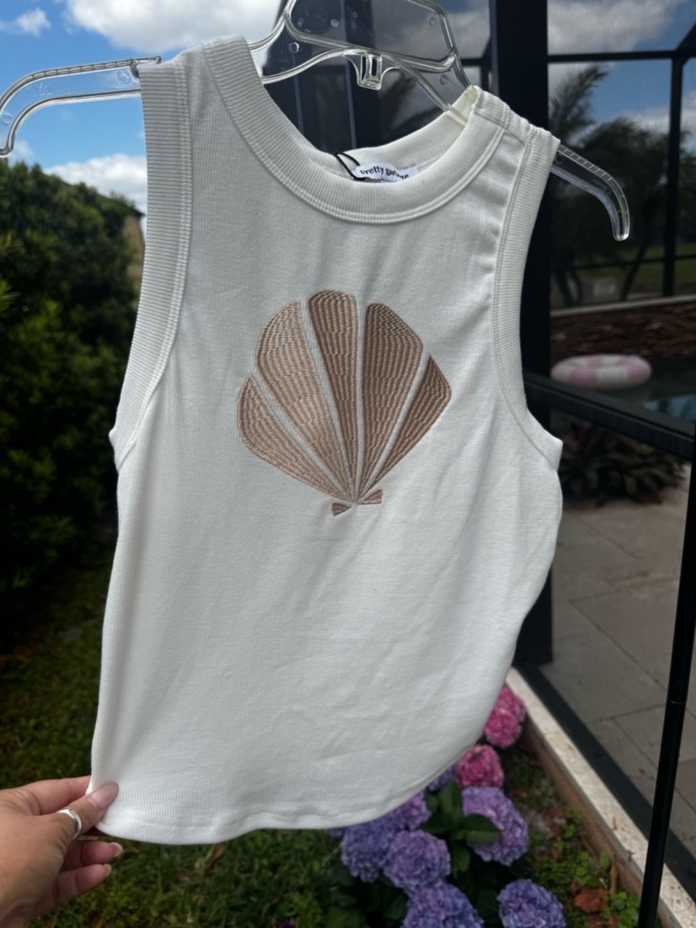Pretty Garbage Cream Ribbed Shell-Embroidered Tank